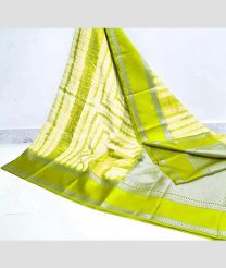 Cream and Lite Parrot Green color Banarasi sarees with water zari weaved traditional striped pattern with contrast pattu border design -BANS0007949