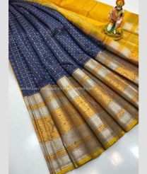 Navy Blue and Mango Yellow color kuppadam pattu handloom saree with all over checks and buties design -KUPP0096744