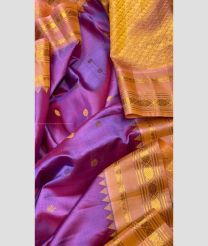 Magenta and Peach color gadwal pattu handloom saree with temple and kuthu border design -GDWP0001758