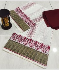 White and Maroon color Uppada Cotton handloom saree with all over printed design -UPAT0004532