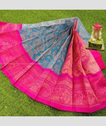 Blue and Pink color Chenderi silk handloom saree with anchulatha border design -CNDP0012693