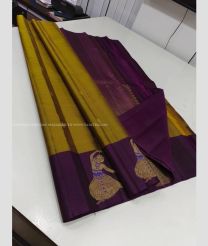 Golden Yellow and Plum Purple color kanchi pattu handloom saree with all over buties with 2g pure jari unique border design -KANP0013676