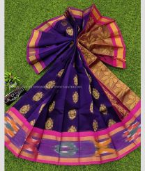 Purple Blue and Pink color Chenderi silk handloom saree with all over buties and pochampally border design -CNDP0012499