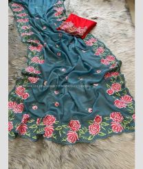 Teal color Organza sarees with all over multicolor viscose tread with embroidery work design -ORGS0003250