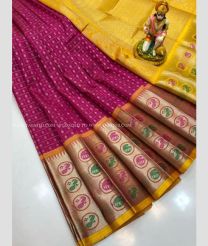 Magenta and Yellow color kuppadam pattu handloom saree with all over checks and buties design -KUPP0096751