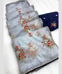 Lite Grey and Navy Blue color Organza sarees with all over flower buties with border design -ORGS0003311