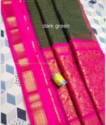 Pine Green and Pink color Chenderi silk handloom saree with all over mothi checks with temple border design -CNDP0016056