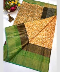 Pine Green and Cream color Chenderi silk handloom saree with printed design saree -CNDP0012049
