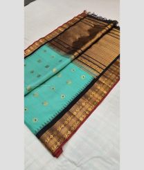 Turquoise and Black color gadwal pattu sarees with kuthu border design -GDWP0001785