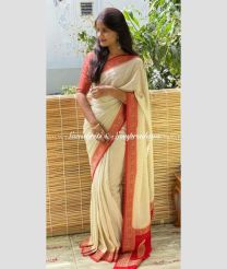 Cream and Red color Banarasi sarees with all over zari butis silver water zari weaving border design -BANS0002502