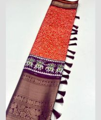 Orange and Plum Purple color Banarasi sarees with all over jari woven with kalamkari printed design -BANS0011518