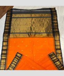 Orange and Dark Grey color gadwal cotton handloom saree with all over buties with temple kuthu interlock woven border design -GAWT0000150