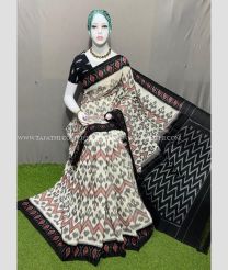 Half White and Black color pochampally Ikkat cotton handloom saree with all over pochampally ikkat design -PIKT0000512