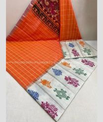 Orange and White color Chenderi silk handloom saree with all over thread weaving checks with kalamkari printed border design -CNDP0014829