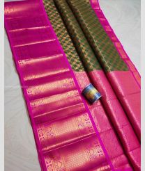 Pine Green and Pink color Chenderi silk handloom saree with all over buttas design -CNDP0016278