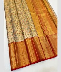 Cream and Red color kanchi pattu handloom saree with all over jari design -KANP0013725