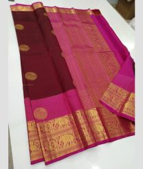 Maroon and Pink color kanchi pattu handloom saree with big border design -KANP0013734