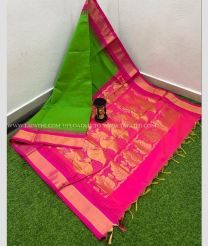 Green and Pink color Chenderi silk handloom saree with temple border saree design -CNDP0009815