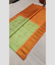 Pista and Orange color gadwal pattu handloom saree with all over jall checks and buties with kuttu border design -GDWP0001698
