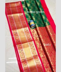 Pine Green and Red color Chenderi silk handloom saree with all over buttas design -CNDP0016290