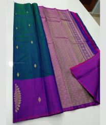 Teal and Magenta color kanchi pattu handloom saree with all over buties design -KANP0013722