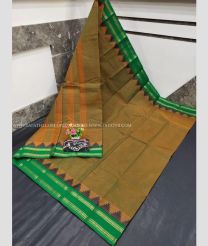 Dark Moccasin and Green color mangalagiri pattu handloom saree with temple border design -MAGP0026530