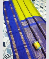 Emerald Green and Blue color Chenderi silk handloom saree with all over mothi checks with temple border design -CNDP0016059