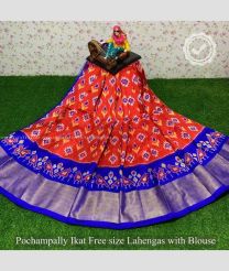 Red and Royal Blue color Ikkat Lehengas with kaddy border design -IKPL0000696