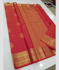Pastel Pink and Golden color kanchi pattu handloom saree with all over big buties with vairaossi model border design -KANP0013173