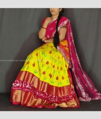 Lemon Yellow and Pink color Ikkat Lehengas with all over pochamally design -IKPL0000020