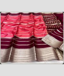 Lite Pink and Maroon color Banarasi sarees with all over striped full body pattern water zari weaving contrast border design -BANS0007630