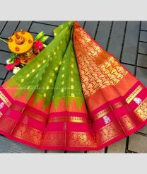 Leafy Green and Pink color Chenderi silk handloom saree with all over buties with temple kuppadam border design -CNDP0016096