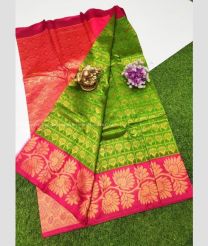 Red and Green color Chenderi silk handloom saree with all over checks and buties saree design -CNDP0012073