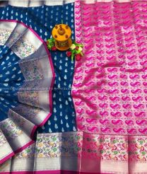 Windows Blue and Pink color Chenderi silk handloom saree with all over silver buties with paithani border design -CNDP0016073