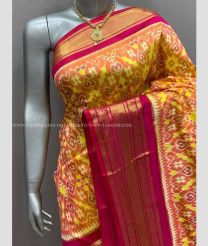 Orange and Pink color pochampally ikkat pure silk handloom saree with pochampally ikkat with kanchi border design -PIKP0033837