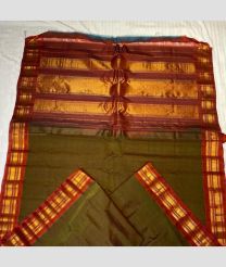 Oak Brown and Maroon color gadwal cotton handloom saree with all over jari lines design -GAWT0000152