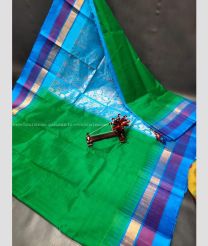 Green and Blue color kuppadam pattu handloom saree with plain with temple border design -KUPP0097007