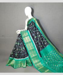 Black and Turquoise color pochampally ikkat pure silk handloom saree with kanchi border design -PIKP0037203