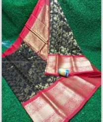 Black and Burgundy color Chenderi silk handloom saree with all over checks and buties design -CNDP0016171
