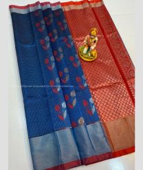 Navy Blue and Red color Kollam Pattu handloom saree with all over buties with jari checks design -KOLP0001761