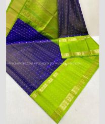 Navy Blue and Parrot Green color kuppadam pattu handloom saree with all over jari checks and buties with kuppadam kanchi border design -KUPP0097092