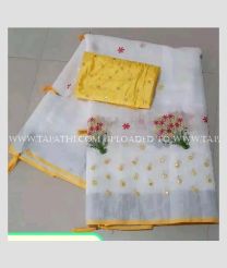 White and Lemon Yellow color linen sarees with all over embroidery work design -LINS0003765