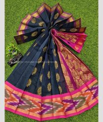 Black and Pink color Chenderi silk handloom saree with all over buties and pochampally border design -CNDP0012500