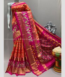 Orange and Neon Pink color pochampally ikkat pure silk sarees with all over pochampally ikkat design -PIKP0037847