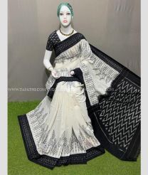 Half White and Black color pochampally Ikkat cotton handloom saree with pochampalli ikkat design saree -PIKT0000377