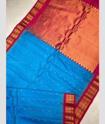 Blue and Red color gadwal pattu sarees with temple kuthu border design -GDWP0001802
