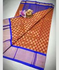 Chestnut and Blue color Chenderi silk handloom saree with all over checks and buties with design border -CNDP0013016