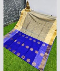 Blue and Cream color Uppada Soft Silk handloom saree with all over big buties design -UPSF0003358