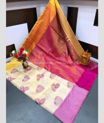 Cream and Pink color Uppada Tissue handloom saree with all over buties printed design -UPPI0001324