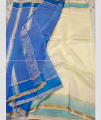 Half WHite and Aqua BLue color venkatagiri pattu handloom saree with plain pattu saree design -VAGP0000461